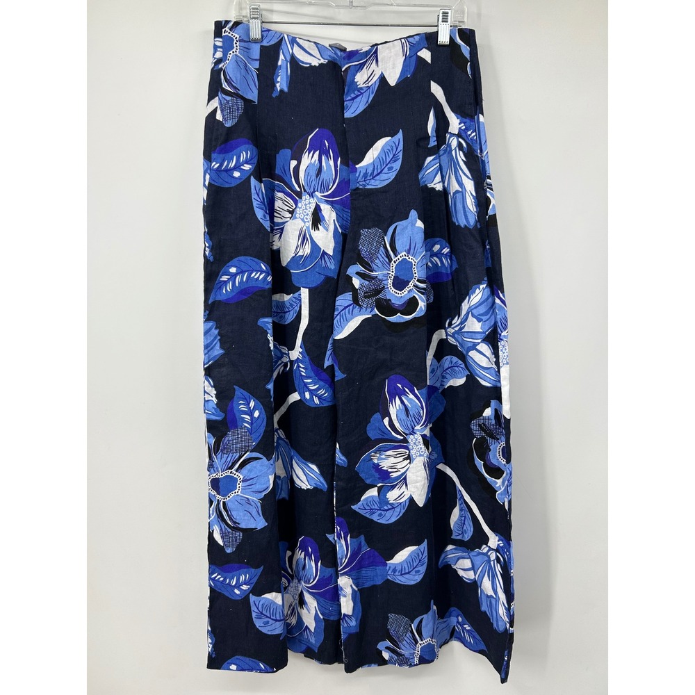 Lanhtropy Blue Floral 100% Linen Wide Leg Pants High Waist Tropical Size L